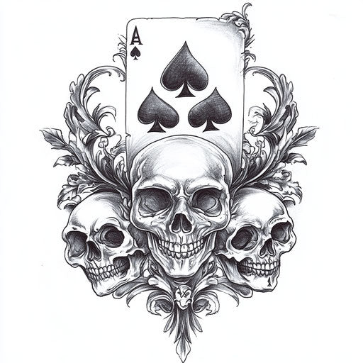 Flat clipart style tattoo sketch featuring an ace of spades and skulls