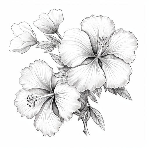 Black and white drawing of hibiscus flower, cherry blossom style