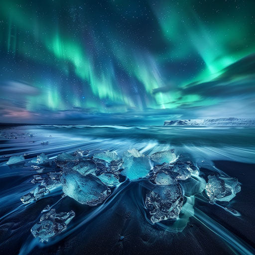Northern lights dancing above Diamond Beach, Iceland with luminous ice