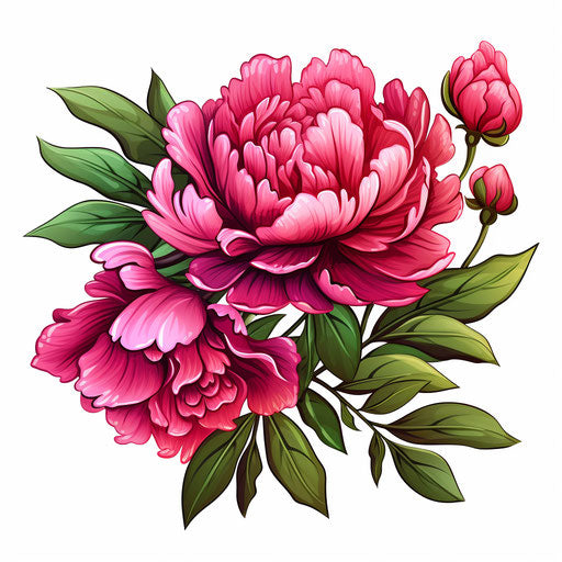 Peony tattoo on white background, colored cartoon style
