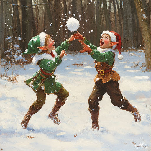 Snowball fight between two elves laughing in winter air