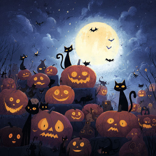 Vibrant and Spooky Halloween Scene with Jack-o'-Lanterns