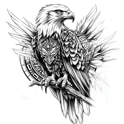 Eagle chest tattoo sketch surrounded by tribal patterns