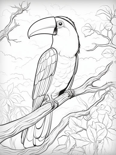 Toucan on branch coloring page, mesmerizing colors
