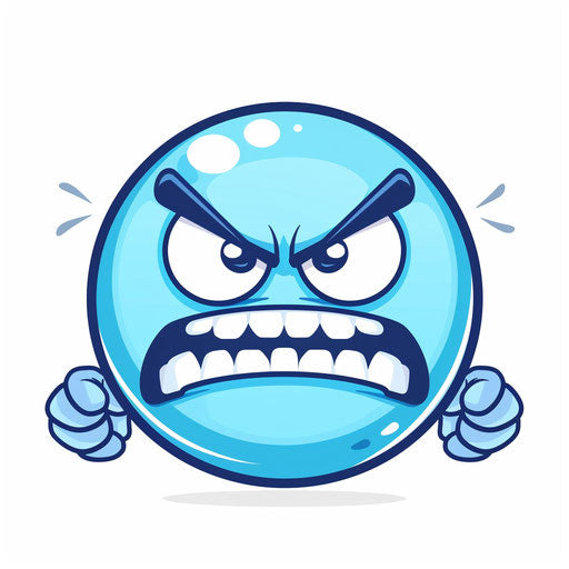 Blue emoticon icon with cute expression of anger and pain