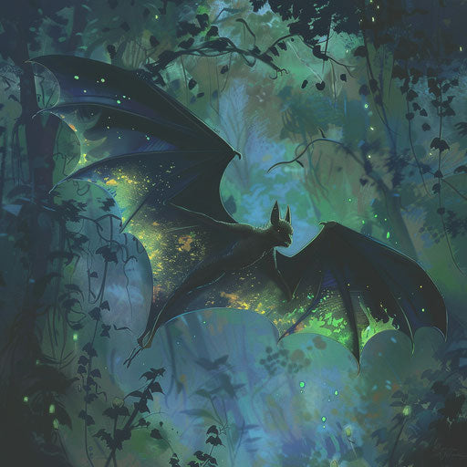 A bat with iridescent wings, fluttering through a bioluminescent forest.