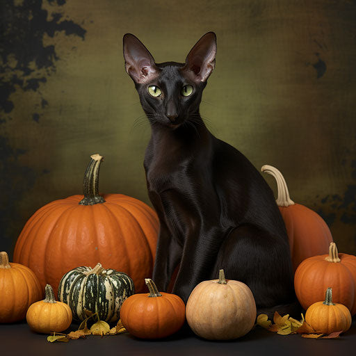 Oriental shorthair cat resting with pumpkins