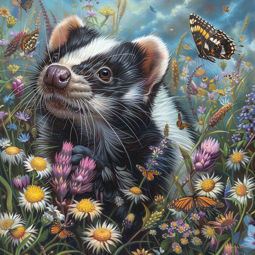 An eastern spotted skunk in a field of wildflowers