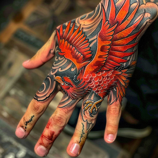 Hand tattoo with a phoenix