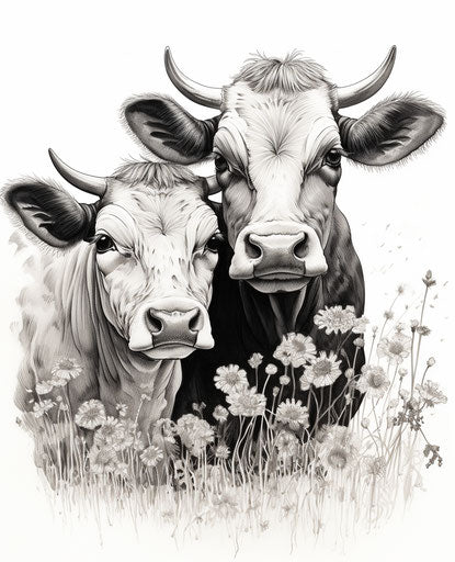 Blind Love: Cows in Grass, Detailed Ink Illustration