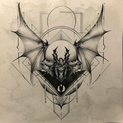 Flat tattoo sketch inspired by Art Deco with a shinigami framed by geometric patterns