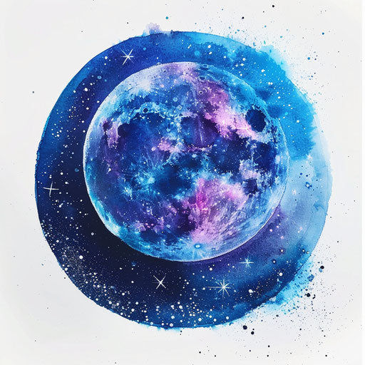 Full moon surrounded by a galaxy of stars in watercolor