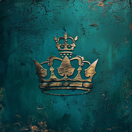 Teal and gold crown emblem on textured background