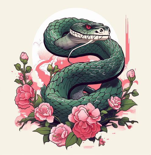 Japanese snake and pink roses, bold outline style