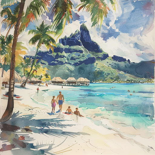 Bora Bora beach with families enjoying the sun and sea