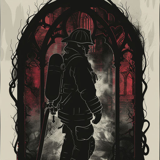 Flat gothic tattoo sketch of a dark firefighter