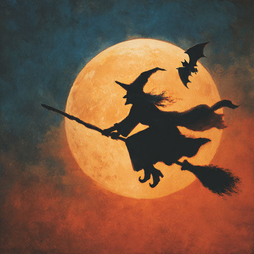 A witch flying on a broomstick against the full moon