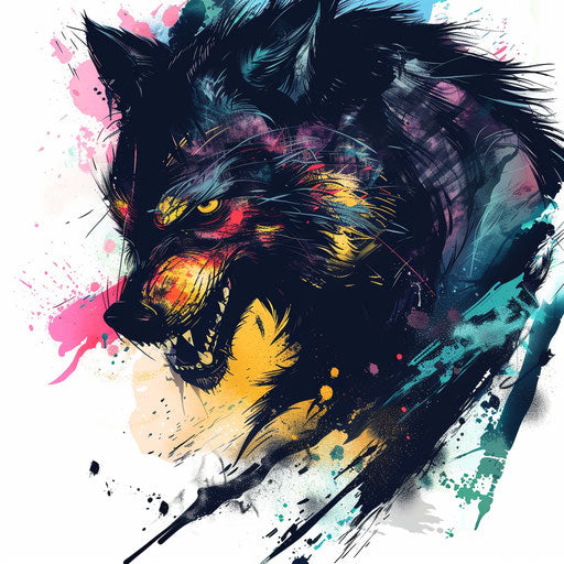 Artistic werewolf tattoo sketch with abstract splatters