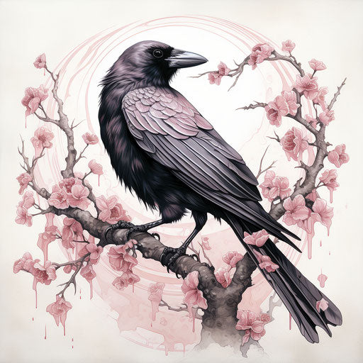A raven tattoo in black and white, traditional Japanese style