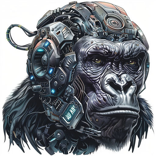 Biomechanical gorilla tattoo merging organic and mechanical elements on white background.
