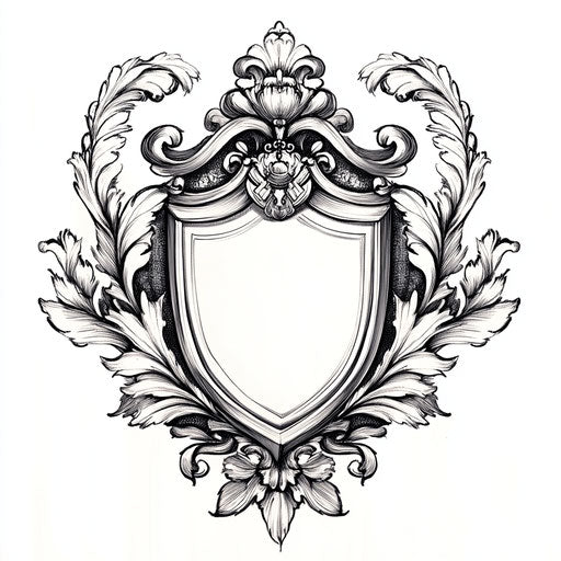 Royal tattoo with heraldic shield and ornate borders on white