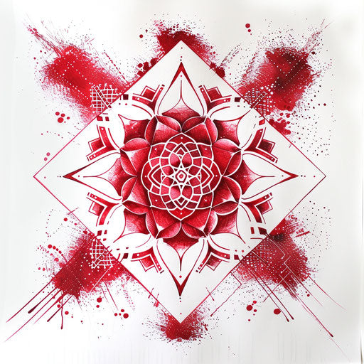 Bright red Root Chakra tattoo design, intricate geometric patterns on pure white background