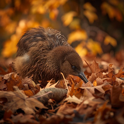 Kiwi bird searching for food among fallen leaves
