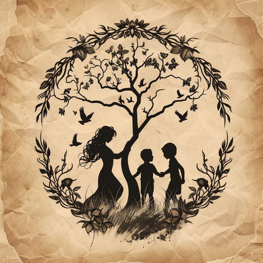 Stylish flat tattoo sketch for three children with nature