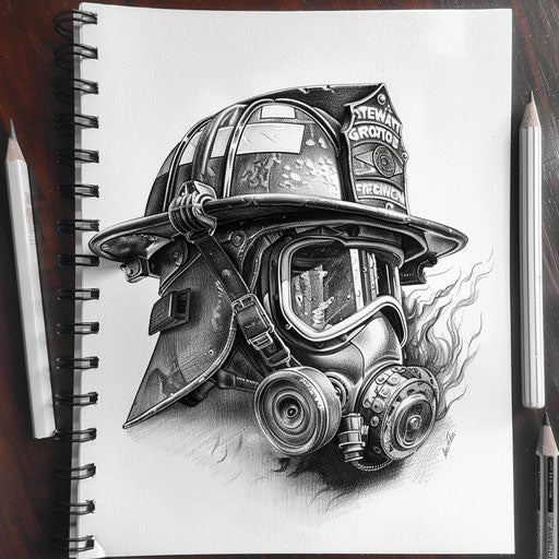Sketch of vintage fireman's helmet with flames