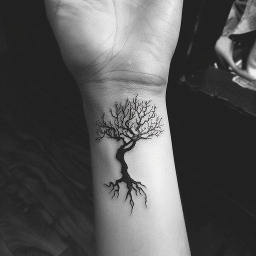 Tree silhouette wrist tattoo in the style of Humberto Ramos