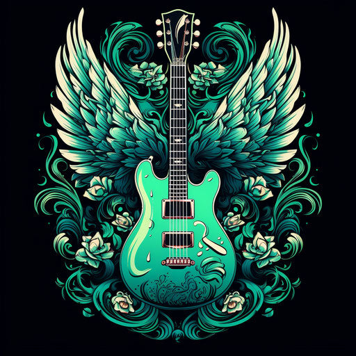 Tattoo of a guitar with wings, dark green and light blue style, retro rock