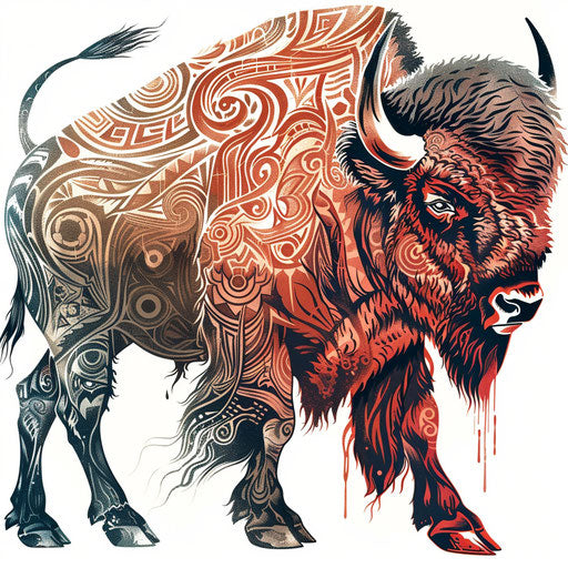 Bold & earthy tribal American style bison tattoo on white background