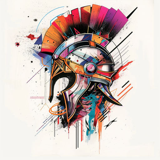 Surreal spartan helmet tattoo sketch with abstract shapes