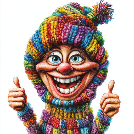 Humorous caricature of a knitting caricature with human features