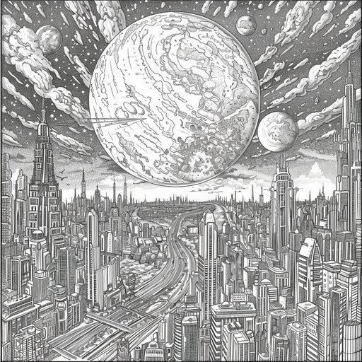 Detailed planets with cityscapes in the style of Stephen Wiltshire