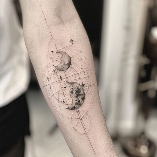 Abstract artwork of geometric shapes forming a moon and stars constellation