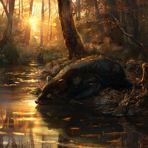 Tasmanian devil lounging by tranquil forest stream at sunset