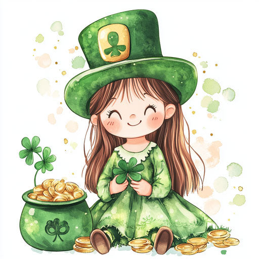 Cute girl in green with clover and gold, Kawaii style