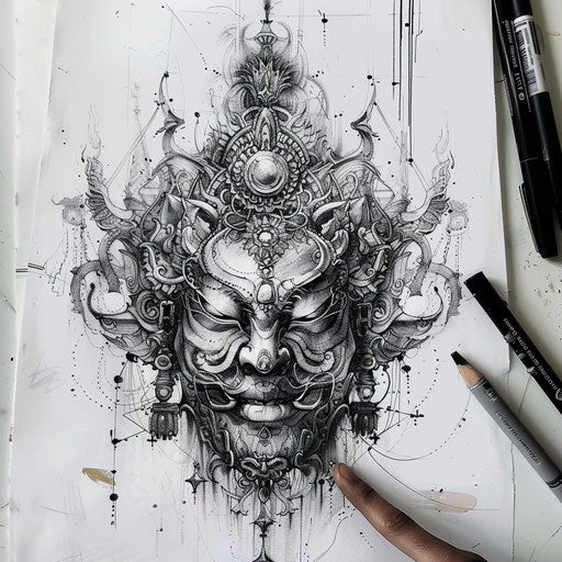Gothic tattoo sketch of an oriental mask with dark themes