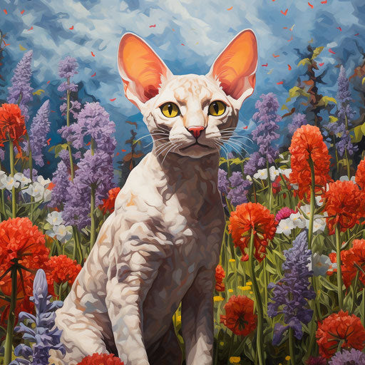 Cornish Rex cat in a field of flowers