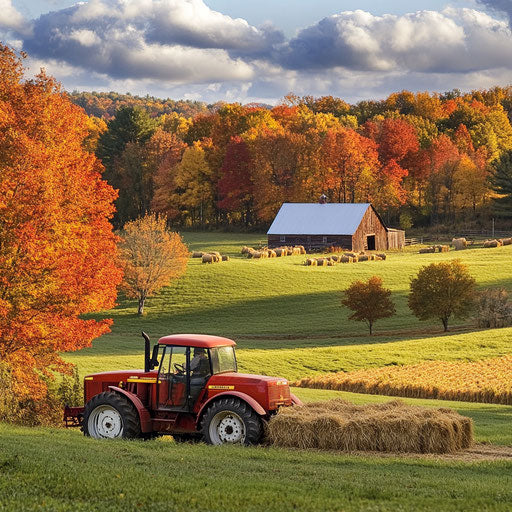 Vintage tractor pulling hayride through fall countryside