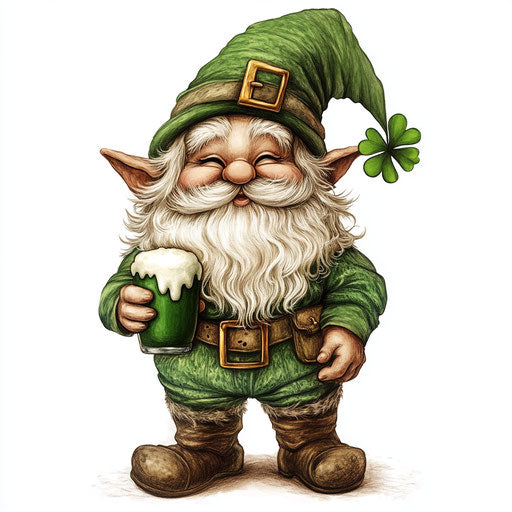 Saint Patrick's Day Gnome with green beer, white background