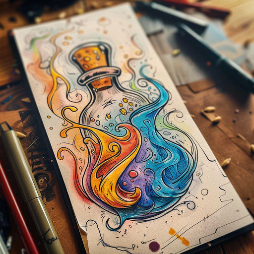 Dynamic flat sketch of a potion bottle with bubbling, colorful liquid