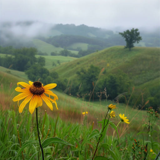 A yellow coneflower in front of misty rolling hills