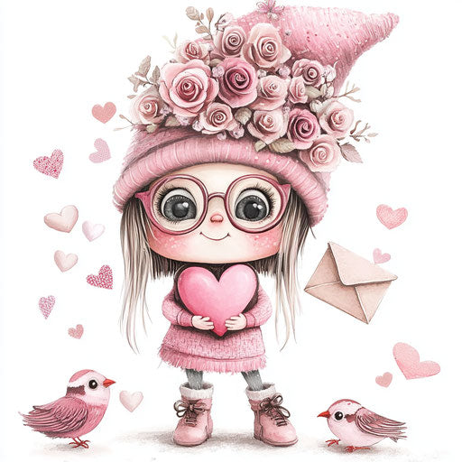 Cute Valentine gnome girl in pink with roses-filled hat