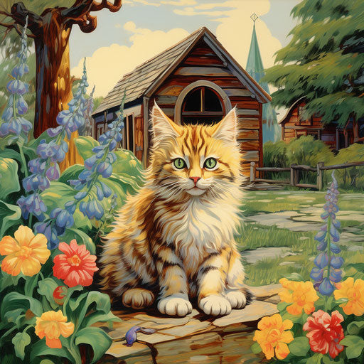Louis Wain's cat sitting in front of a log cabin