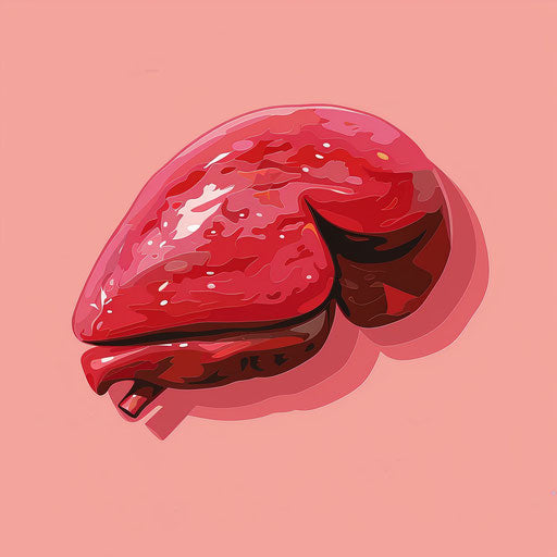 Liver clipart in photo realistic style with a flat random background, high contrast and saturated hues