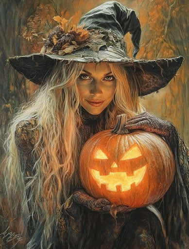 Witch holding a glowing orange pumpkin