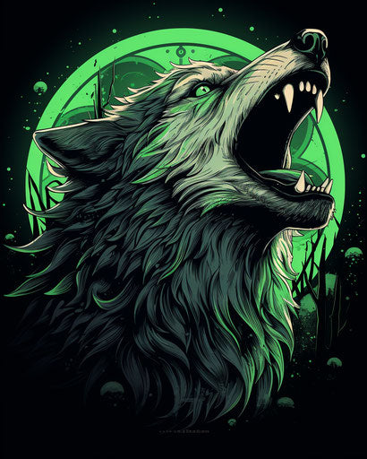 Howling wolf above moon, classic tattoo style