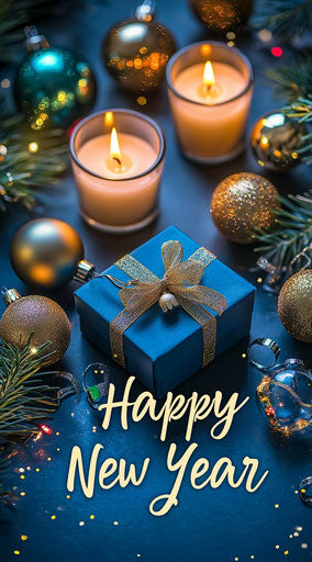 Christmas candles and blue gift box with ribbon